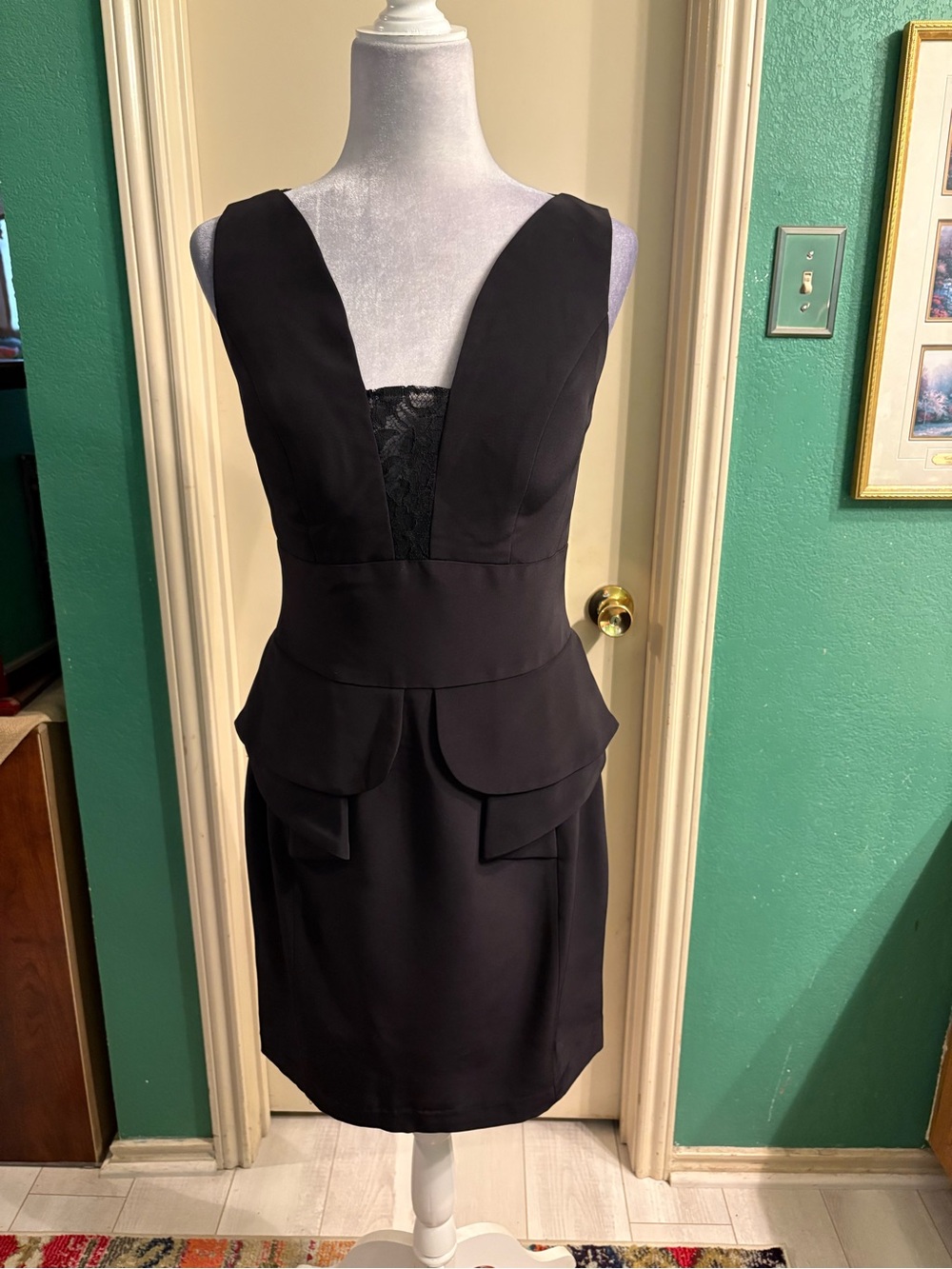 Kathy Hilton Black Peplum V-Neck Mini Lace Dress